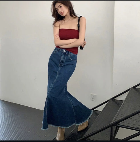 Women Trendy Denim Mid Length Skirts